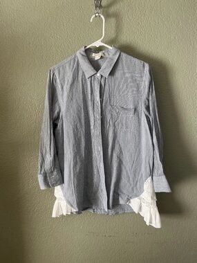 Sundance Blue Stripe Button-Down Shirt with White Lace Trim